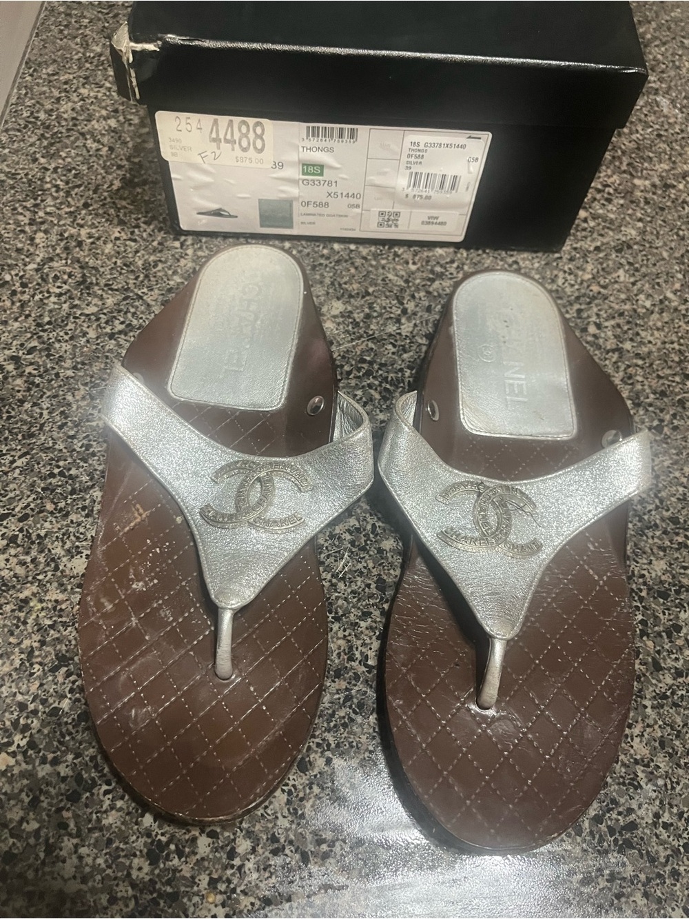 CHANEL Silver Metallic Thong Sandals with Brown Quilted Footbed